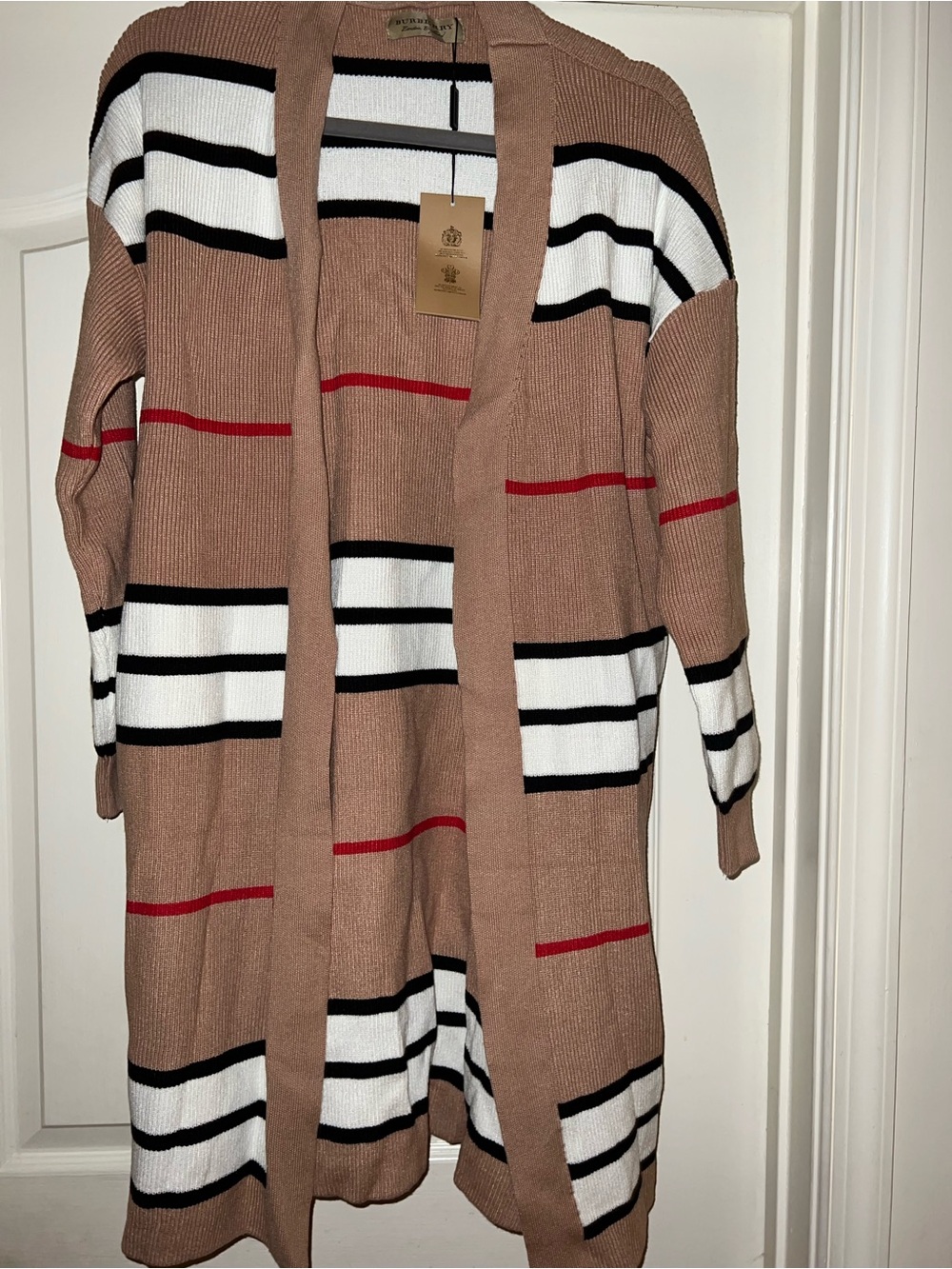 Striped Open-Front Cardigan Sweater - Taupe/White/Black/Red